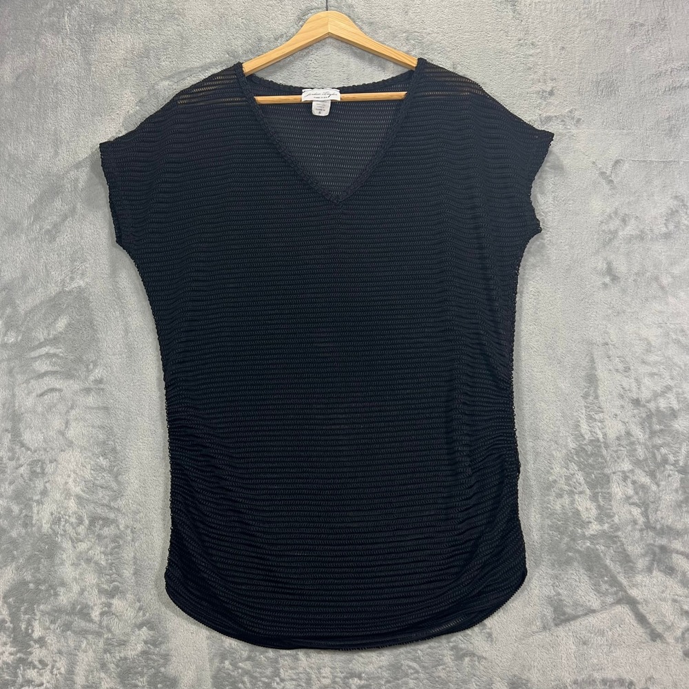 JORDAN TAYLOR Top Womens XL Black Mesh Textured V-Neck Cap Sleeve USA Summer
